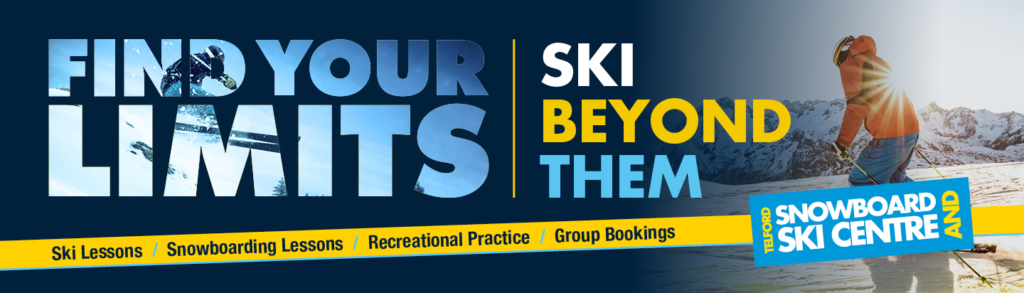 A graphic banner promoting the snowboarding and ski centre and the services they offer