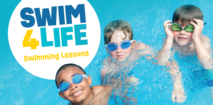 Picture of three children in a swimming pool having fun with the words Swim4Life, swimming lessons above them.